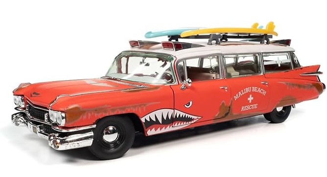 Cadillac Eldorado Ambulance + Shark Graphics & Surfboards Auto World AW312 scale 1/18 