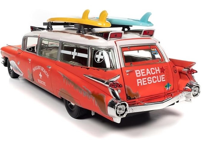 Cadillac Eldorado Ambulance + Shark Graphics & Surfboards Auto World AW312 scale 1/18 