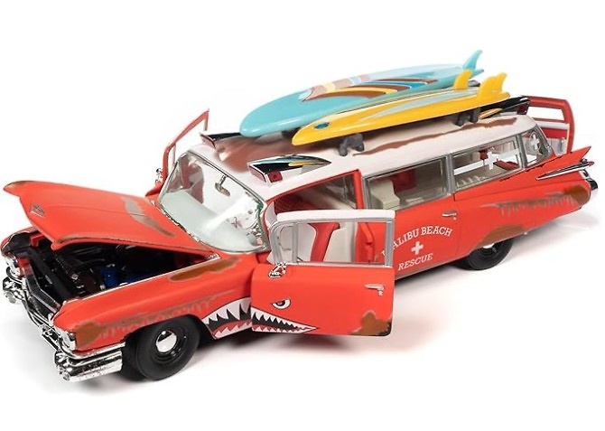 Cadillac Eldorado Ambulance + Shark Graphics & Surfboards Auto World AW312 scale 1/18 