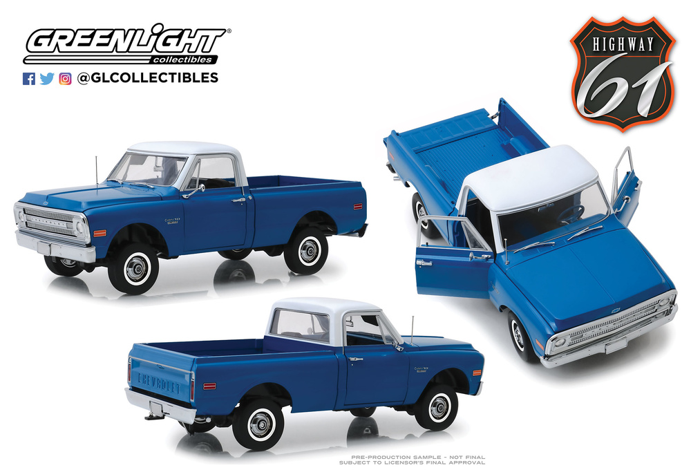 Chevrolet C-10 azul con techo blanco Highway 61 (1970) Greenlight HWY18011 1/18 