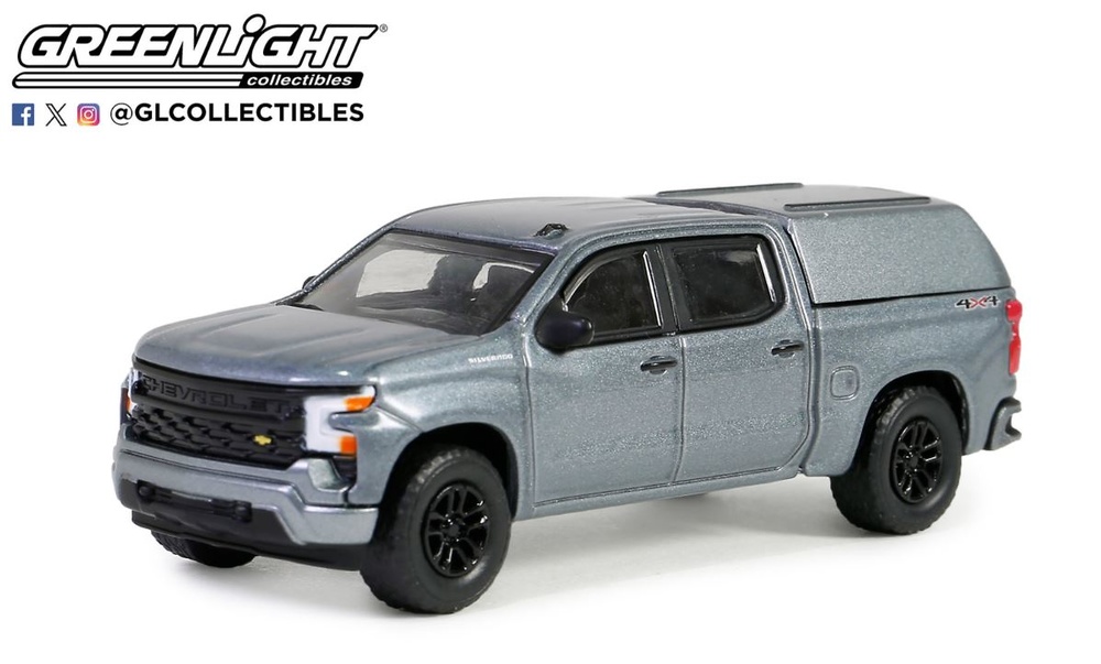 Chevrolet Silverado 1500 Custom With Camper Shell (2023) Blue Collar Collection Series 13 Greenlight scale 1:64 