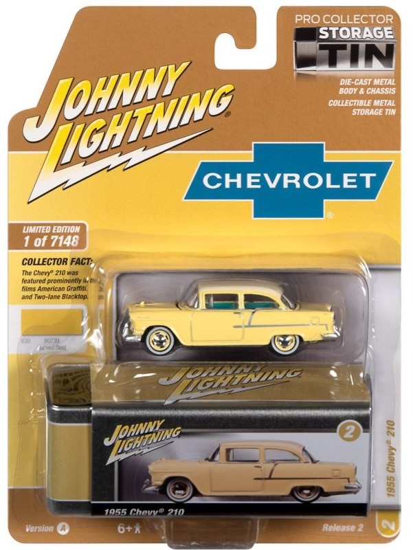 Chevy 210 Gold/Ivory 1955 with Collector Tin Lightning JLCT010-05484 scale 1/64 