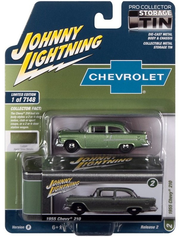 Chevy 210 Green 1955 with Collector Tin Lightning JLCT010-05487 scale 1/64 