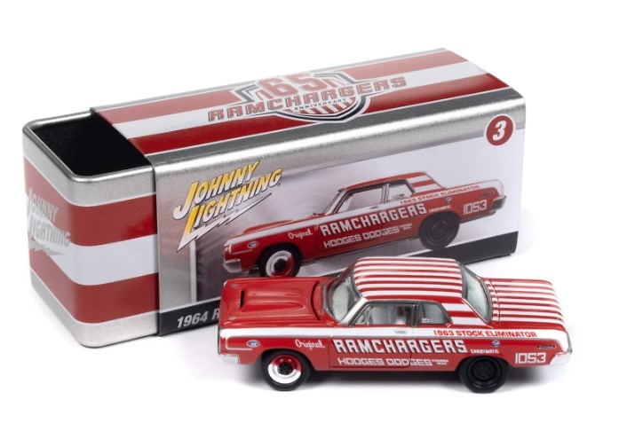 Dodge 330 Ramchargers 1964 with Collector Tin Johnny Lightning JLCT013-06274 scale 1/64 