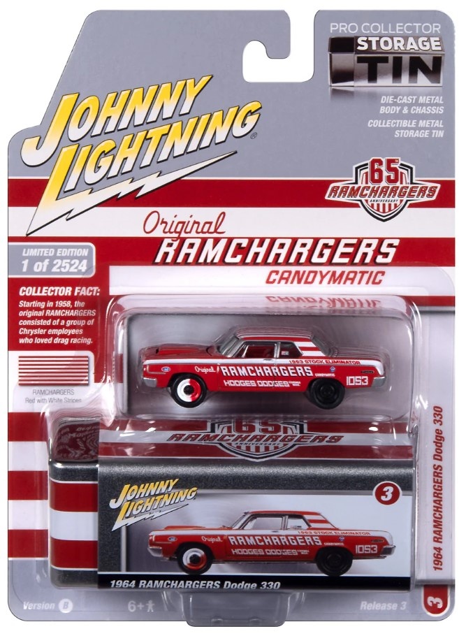 Dodge 330 Ramchargers 1964 with Collector Tin Johnny Lightning JLCT013-06274 scale 1/64 