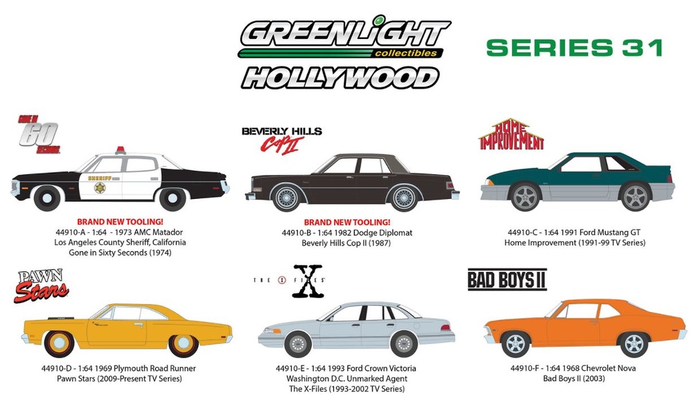 Hollywood Series 31 Set 6 cars Greenlight 44910 scale 1/64 