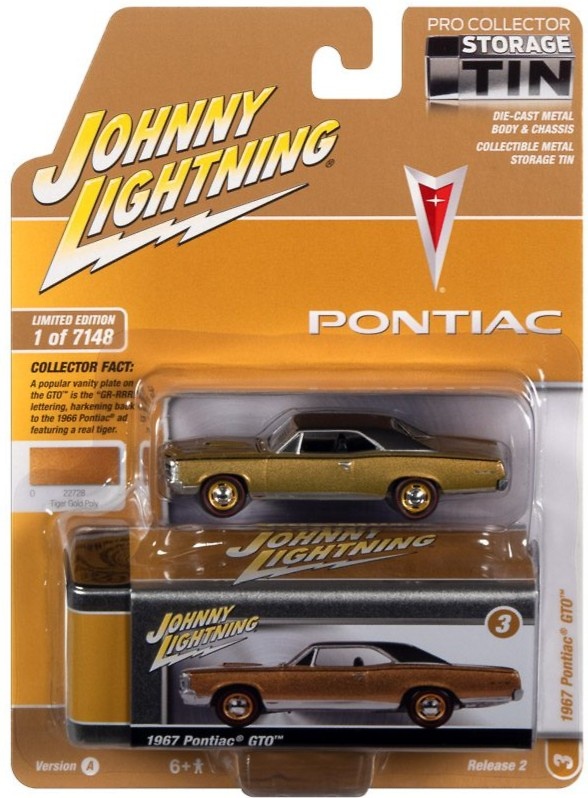 Pontiac GTO Gold/Black 1967 with Collector Tin Lightning JLCT010-05485 scale 1/64 