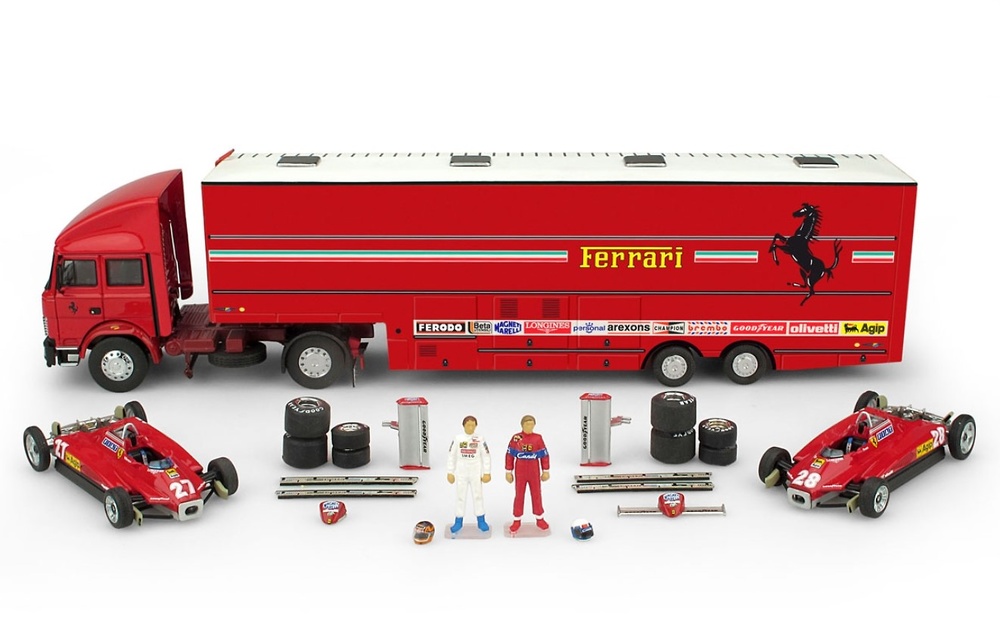 Set Race Transporter Fiat Iveco 190 + Ferrari 126 C2 + 2 Figuras GP. San Marino (1982) Brumm 1/43 