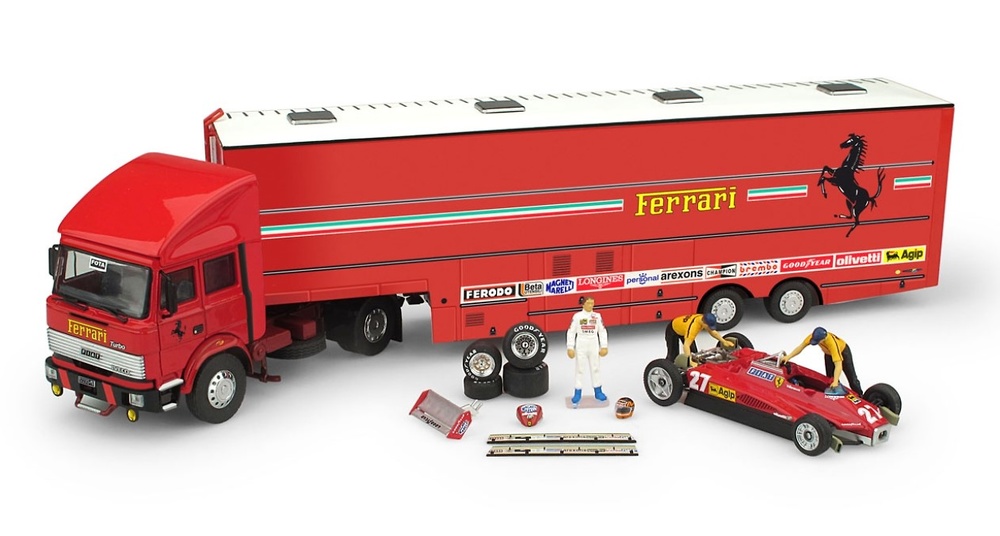 Set Transporte Fiat Iveco 190 + Ferrari 126 C2 y figuras (1982) Brumm 1:43 