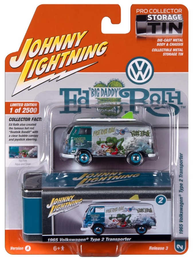 VW Type II Transporter Rat Fink 1965 with Collector Tin Johnny Lightning JLCT013-06270 scale 1/64 