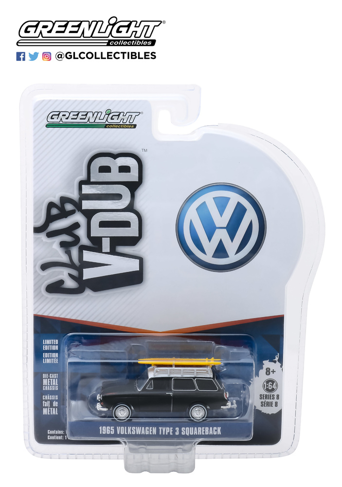 Volkswagen Type 3 Squareback Surf Wagon with Roof Rack and Surfboard (1965) Greenlight 1/64 