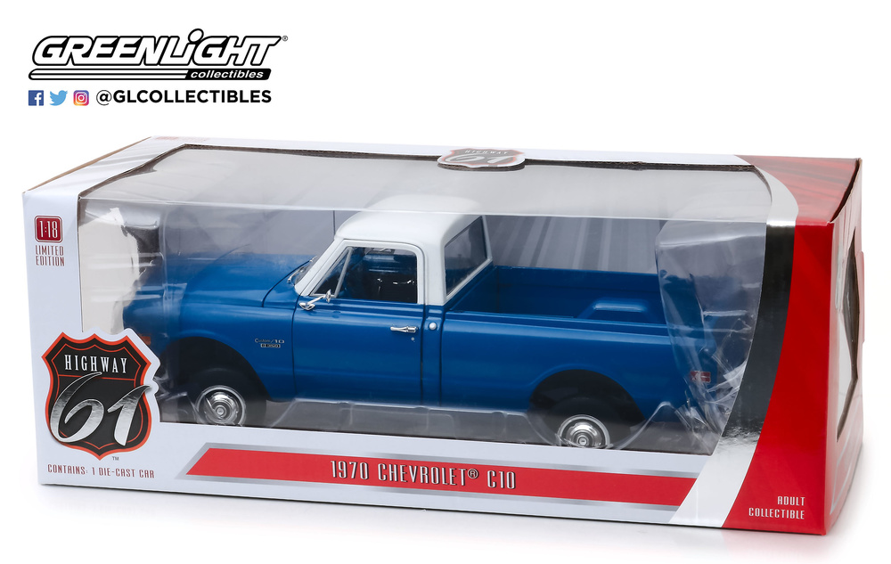 Chevrolet C-10 azul con techo blanco Highway 61 (1970) Greenlight HWY18011 1/18 